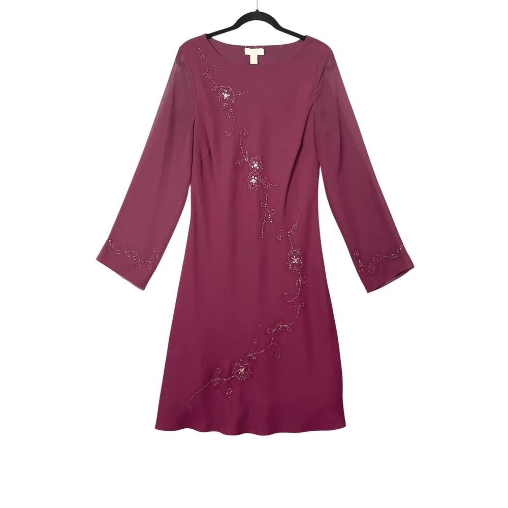 Burgundy Floral Beaded Sheer Chiffon Long Sleeve Midi Dress Size 16 Party Formal